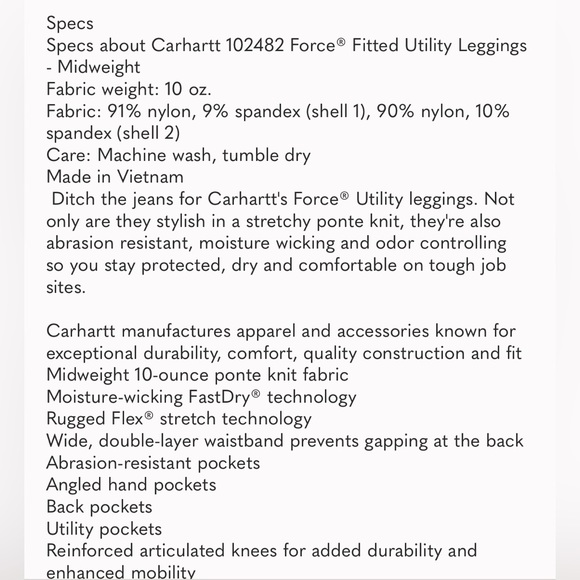 NWT- Carhartt Force® Fitted Mid-Weight Utility Leggings XXL-Short - Picture 3 of 11
